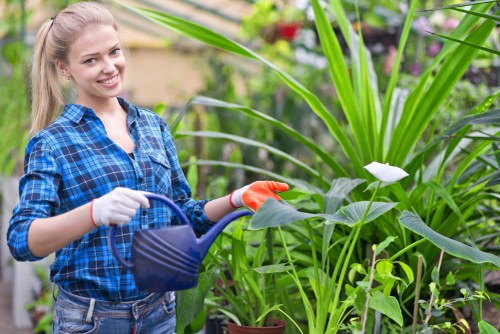 Landscapers working safely on a garden maintenance site with tools and equipment